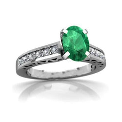 3.60 Ct Oval Green Emerald And Diamonds Ring 14K White Gold