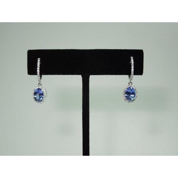 3.60 Carat Oval Tanzanite & Round Diamonds Dangle Hoop Pair Earrings White Gold 14K Gemstone Earring