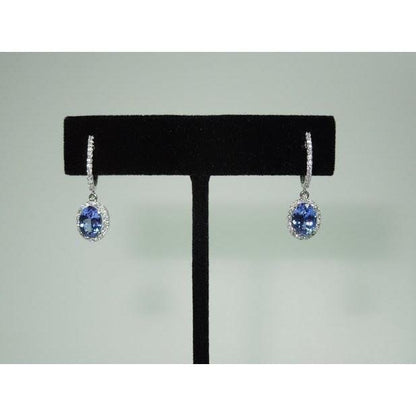 3.60 Carat Oval Tanzanite & Round Diamonds Dangle Hoop Pair Earrings White Gold 14K Gemstone Earring