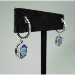 3.65 Ct Oval Ceylon Sapphire & Round Diamonds Dangle Hoop Earrings