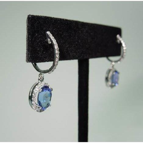  Brilliant Engagement   Oval Ceylon Sapphire & Round Diamonds Dangle Hoop Earrings  