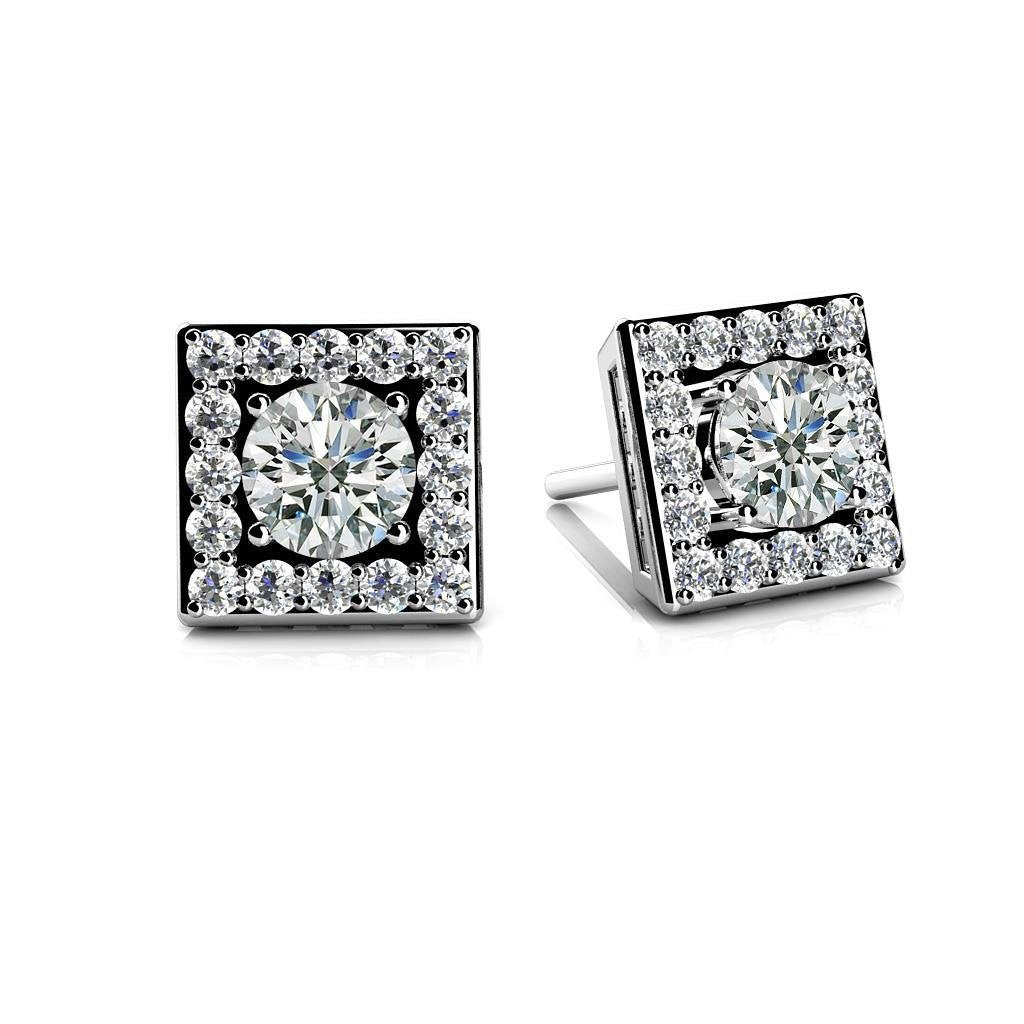  Square Shaped Stud Halo Earrings Sparkling Round Diamonds White Gold 