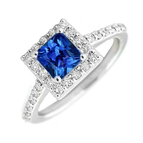 Princess Sri Lankan Sapphire Natural Earth Mined Diamond Ring 2.25 Carat White Gold 14K