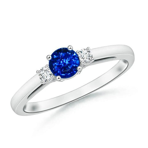 2.70 Ct Blue Sapphire And Natural Earth Mined Diamonds Three Stone Ring Gold 14K