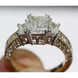 3.65 Carat Vintage Style Three Stone Natural Earth Mined Diamond Ring Two Tone 14K