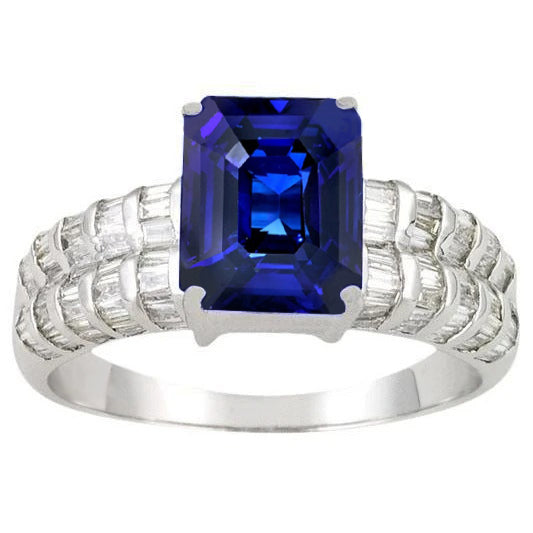 7.51 Ct Ceylon Sapphire Emerald And Baguette Natural Earth Mined Diamonds White Gold Ring
