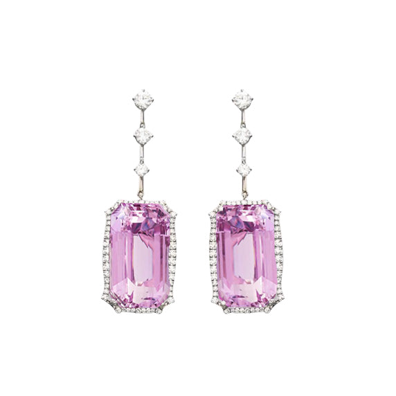  Sparkling Unique Lady’s   Pink Kunzite With Diamonds Dangle Earrings White Gold