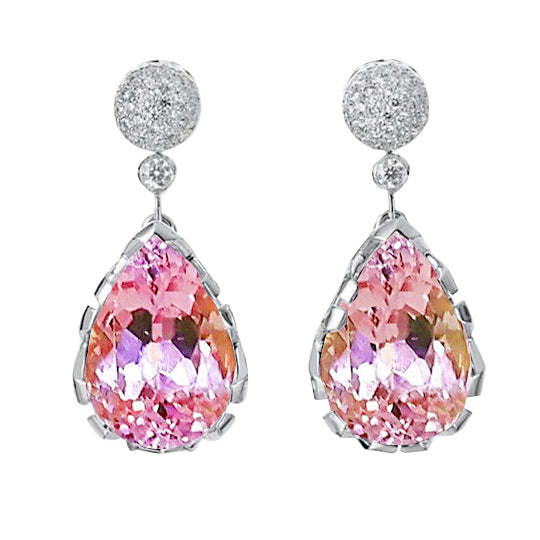 37.30 Ct Pink Kunzite With Natural Earth Mined Diamonds Dangle Earrings 14K
