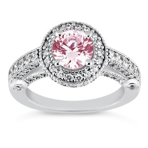    Gorgeous fancy  Round Halo Diamond Solitaire With Accents     White Gold Gemstone Ring