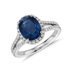 3.20 Carats Oval Sri Lanka Sapphire And Natural Earth Mined Diamond Ring White Gold 14K