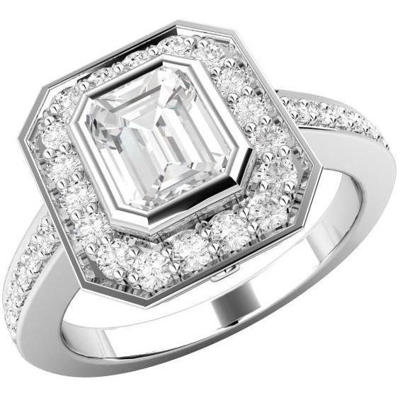 3.75 Ct Emerald And Round Cut Sparkling Diamonds Ring Halo White Gold Halo Ring
