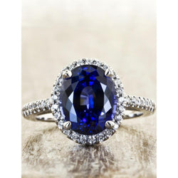 3.75 Carats Oval Ceylon Sapphire With Round Diamonds Engagement Ring