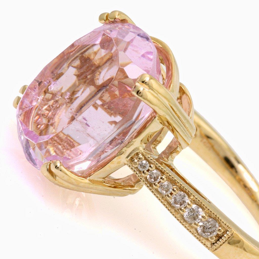 37.65 Ct. Big Kunzite With Small Diamonds Wedding Ring Yellow Gold Gemstone Ring
