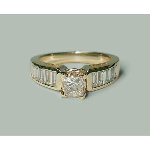 1.50 Ct Princess  Baguette Diamonds Ring Yellow Gold Ring with Accents