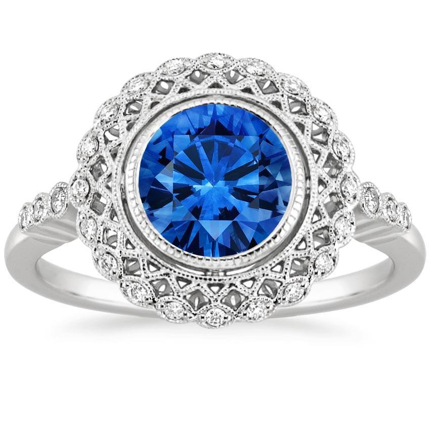 3.80 Carats Bezel Set Round Ceylon Sapphire Diamond Ring White Gold 14K Gemstone Ring