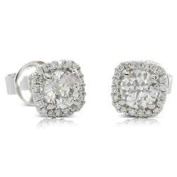 3.80 Carats Prong Set Round Natural Earth Mined Diamond Stud Halo Earrings 14K White Gold