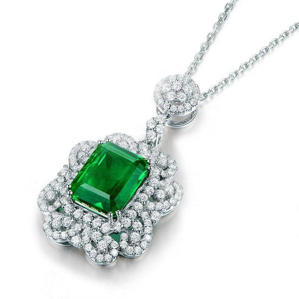 3.85 Carats Green Emerald And Diamonds Pendant Necklace 14K White Gold Gemstone Pendant