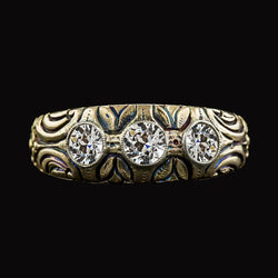 3 Carats Antique Style Three Stone Old Miner Diamond Band Yellow Gold