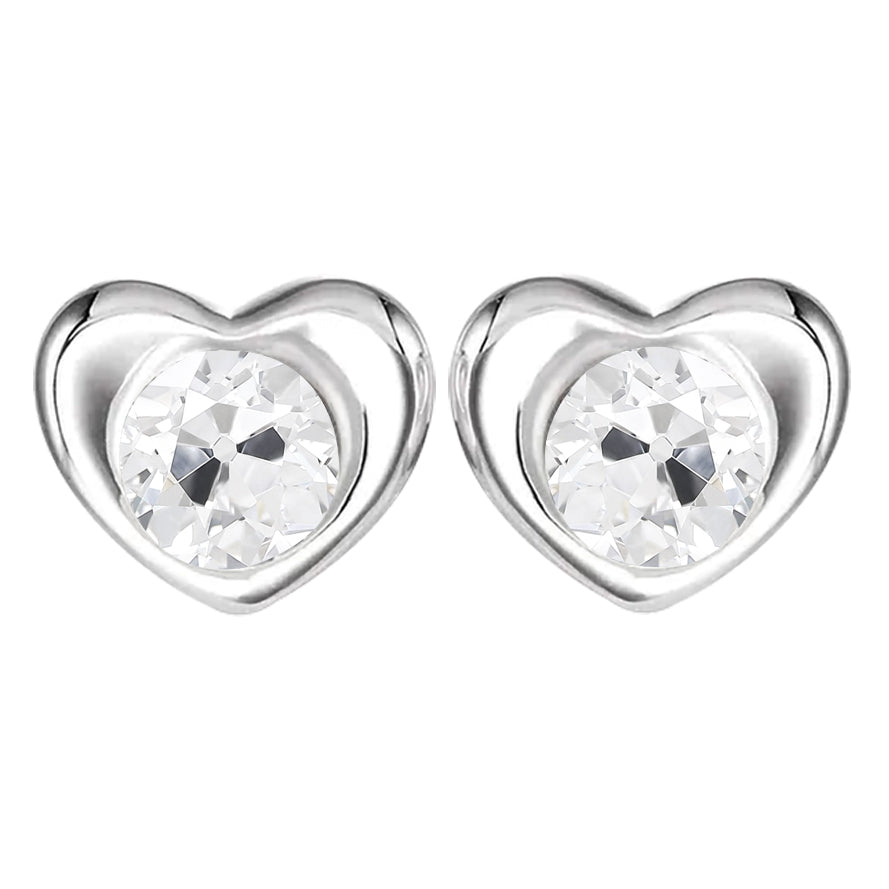 3 Carats Heart Shape Diamond Stud Earrings White Gold Round Old Miner