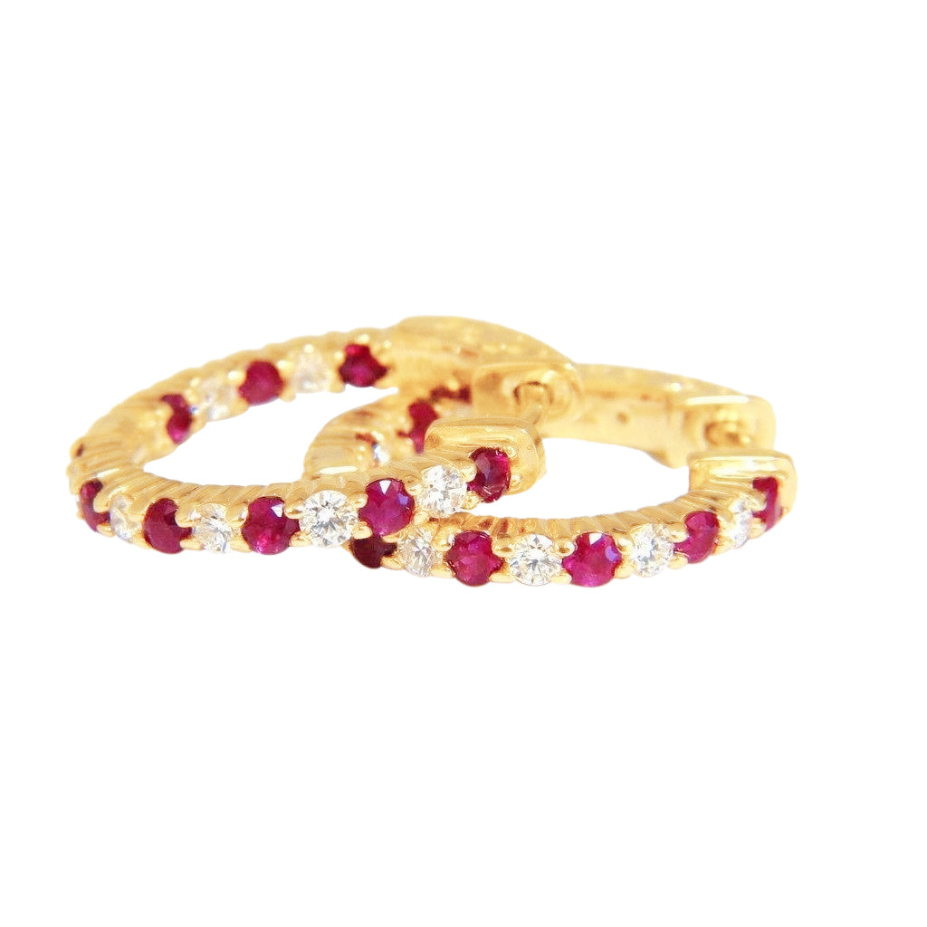 New Stylish Round Cut Ruby Diamond Hoop Earrings 14K Yellow Gold