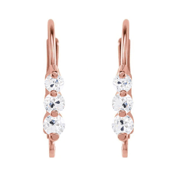  3 Ct Leverback Earrings Round Old Cut Diamond Rose Gold 14K