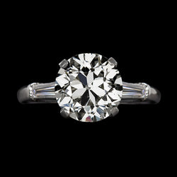 3 Stone Baguette & Round Old Mine Cut Diamond Ring Gold 4 Carats