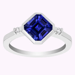 Gold 3 Stone Natural Earth Mined Diamond Asscher Sapphire Ring 2.75 Carats Bezel & Bar Set