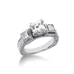 3 Stone Euro Shank Antique Style Engagement Ring White Gold 14K