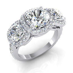 Real 3 Stone Halo Cushion Diamond Engagement Ring With Accents 6 Carats