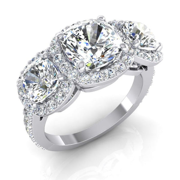 3 Stone Halo Cushion Diamond Engagement Ring With Accents 6 Carats