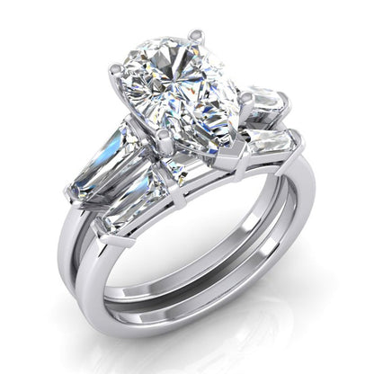 Pear Shaped Wedding Band Set 2.85 Carats With Baguettes