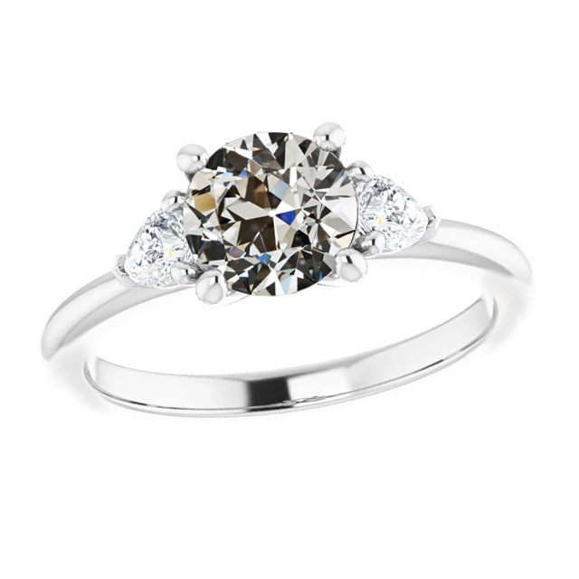 White Round Elegant 3 Stone Pear & Round Old Cut Diamond Ring