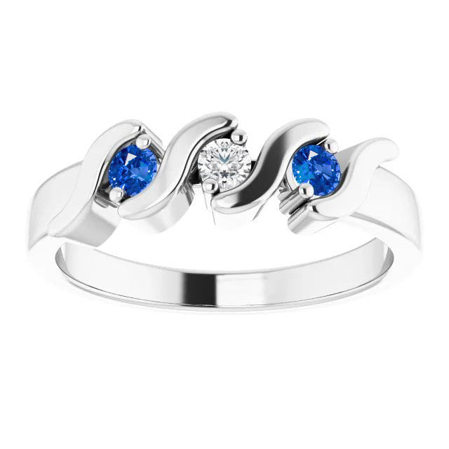3 Stone Ring Ladies Weeding  Diamond Ceylon Blue Sapphire White Gold