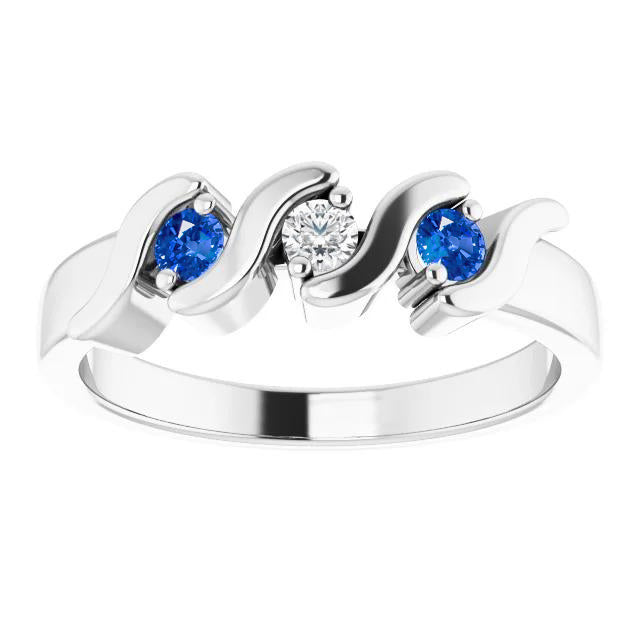 3 Stone Ring Ladies Weeding  Diamond Ceylon Blue Sapphire White Gold