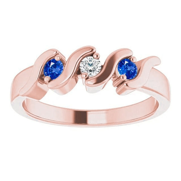 3 Stone Ring Diamond Blue Sapphire  Womans Style  Rose Gold