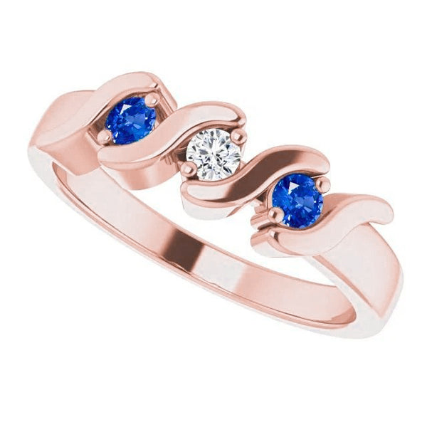 3 Stone Ring Diamond Blue Sapphire  Womans Style  Rose Gold
