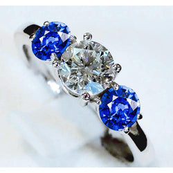 3 Stone Ring Natural Earth Mined Diamond & Blue Sapphire 3.50 Carats Cathedral Setting
