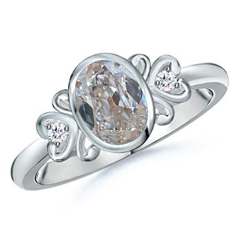 3 Stone Ring Oval Old Miner Diamond Bezel Set Heart