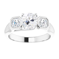 Real  3 Stone Ring Radiant & Old Cut Diamond Prong Bezel Set 3.50 Carats
