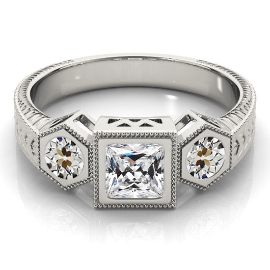 3 Stone Ring Square Cut Old Miner Diamond