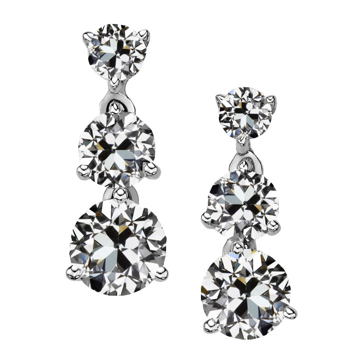 3 Stone Round Diamond Drop Earrings Old Miner 9 Carats