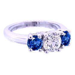 3 Stone Round Natural Earth Mined Diamond Ring Blue Sapphire Jewelry 2.50 Carats