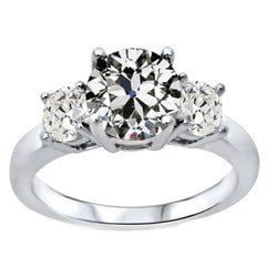 3 Stone Round Old Mine Cut Diamond Engagement Ring 4 Carats