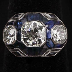 3 Stone Style Old Cut Round Natural Earth Mined Diamond Ring & Blue Sapphire 6 Carats