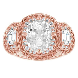 3 Stone Style Halo Oval Old Miner Diamond Ring Prong Set 11.50 Carats