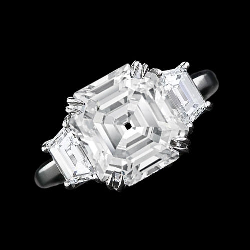 3 Stone Wedding Ring Asscher & Trapezoid Huge Lab Grown Diamonds 9 Carats 14K Gold