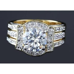 4 Carats Anniversary Ring Set Round Diamond Yellow Gold 14K