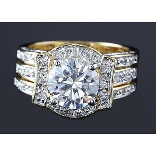 4 Carats Anniversary Ring Set Round Diamond Yellow Gold 14K Engagement Ring Set