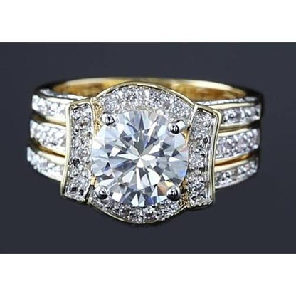 4 Carats Anniversary Ring Set Round Diamond Yellow Gold 14K Engagement Ring Set