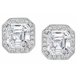4 Carats Asscher And Round Halo Diamond Stud Earring White Gold 14K